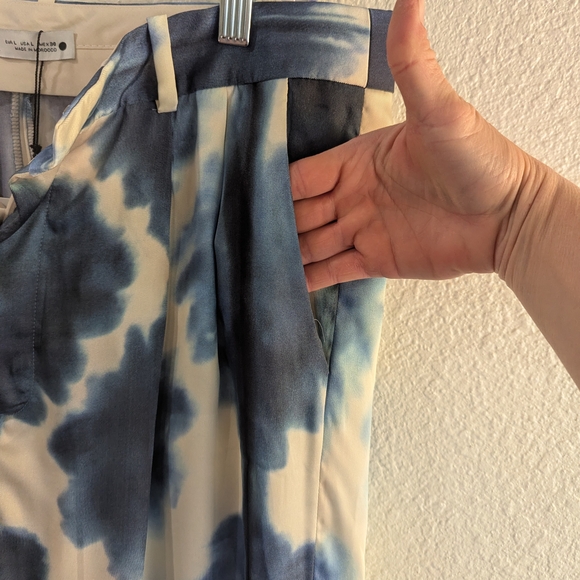 NWT Zara Blue and White Tie-Dye Satin Look Wide Leg Trousers Size Large - Picture 8 of 11